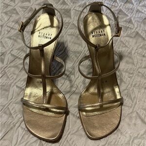 Stuart Weitzman metallic gold leather ankle strap stiletto sandals size 8